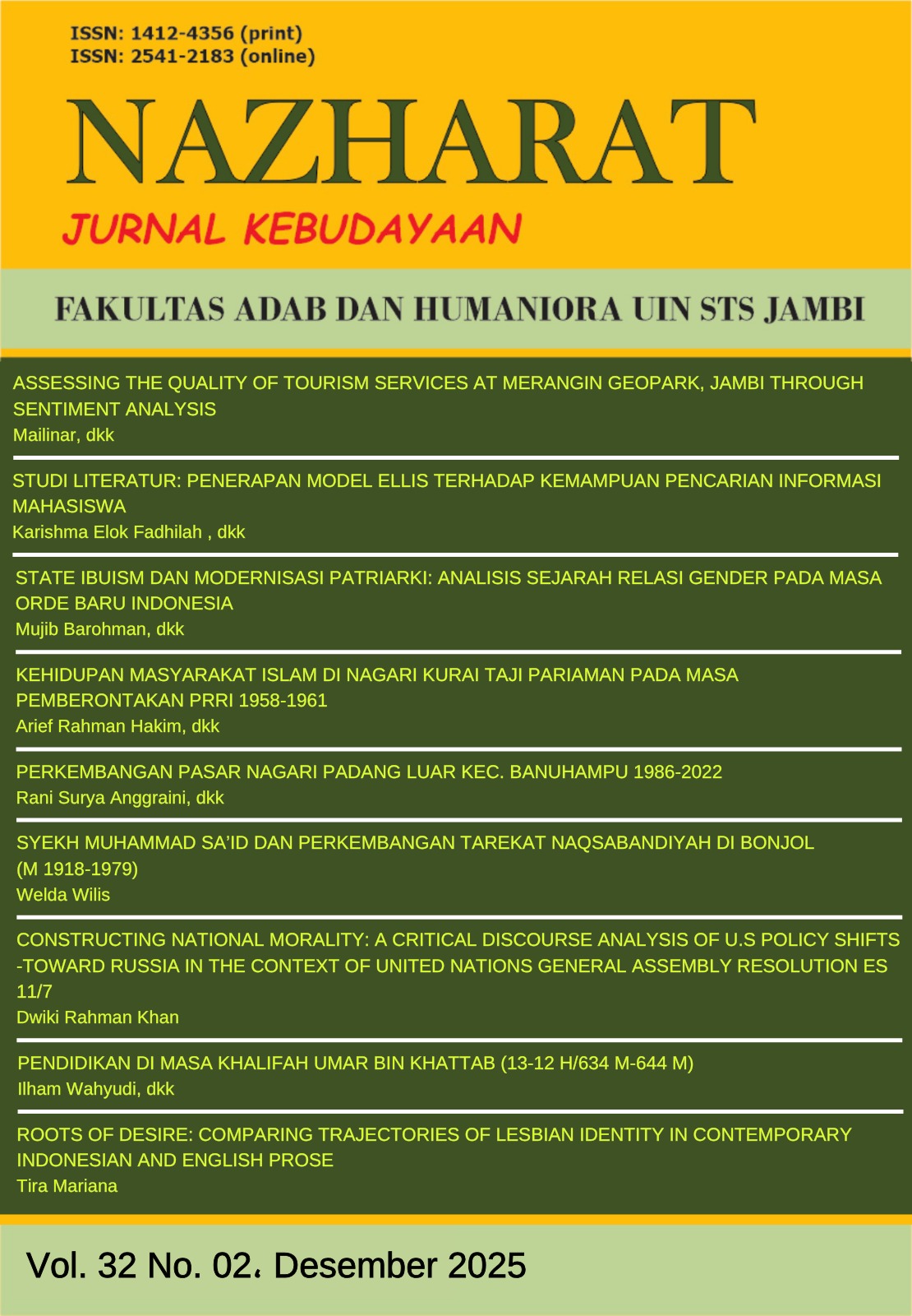 					View Vol. 32 No. 1 (2026): NAZHARAT: Jurnal Kebudayaan
				